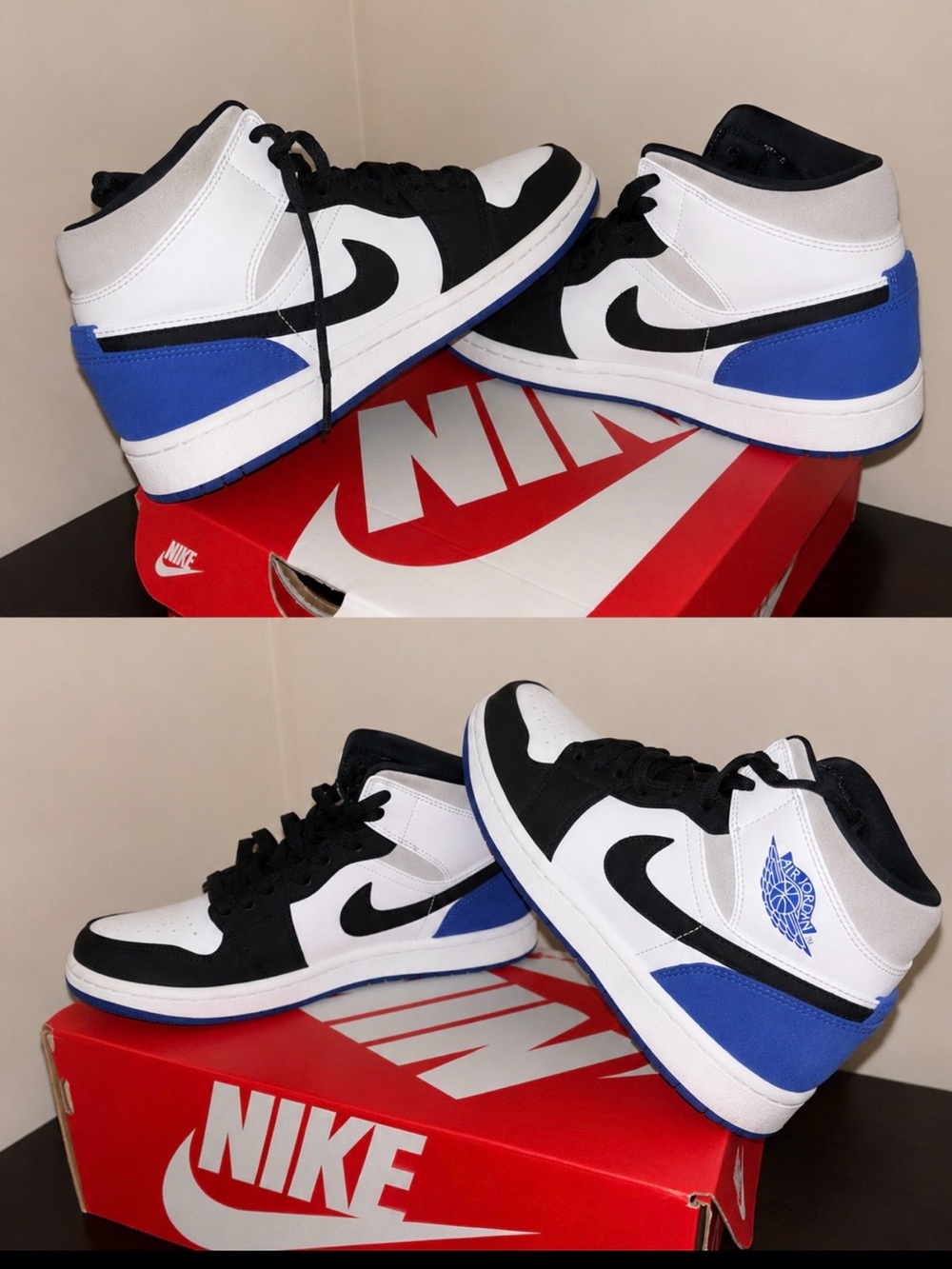 Nike White Black Blue Mid-Top Basketball Sneakers